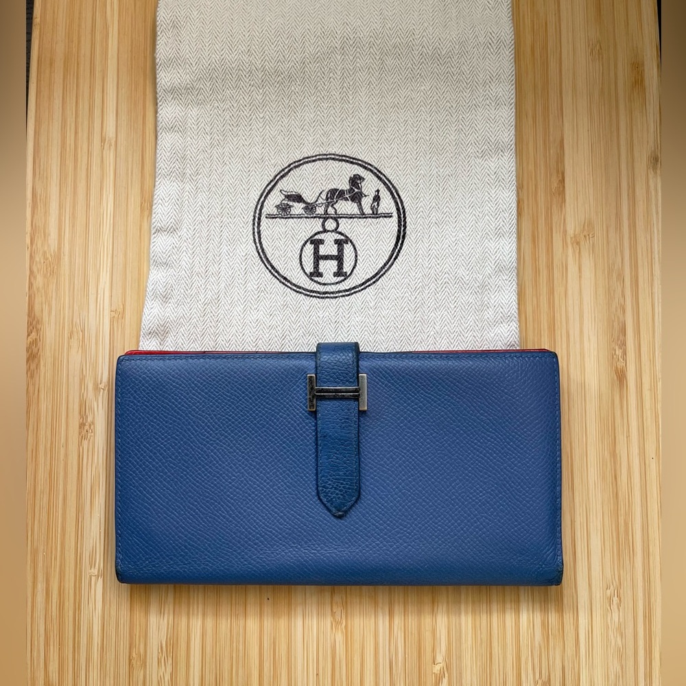 Authentic Hermes Epsom Bearn Soufflet Bicolour Leather Bifold Long Wallet